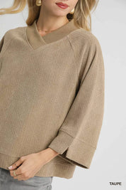 Umgee Textured Knit V-Neck Top Taupe | Knit Tops Daverri Fashions