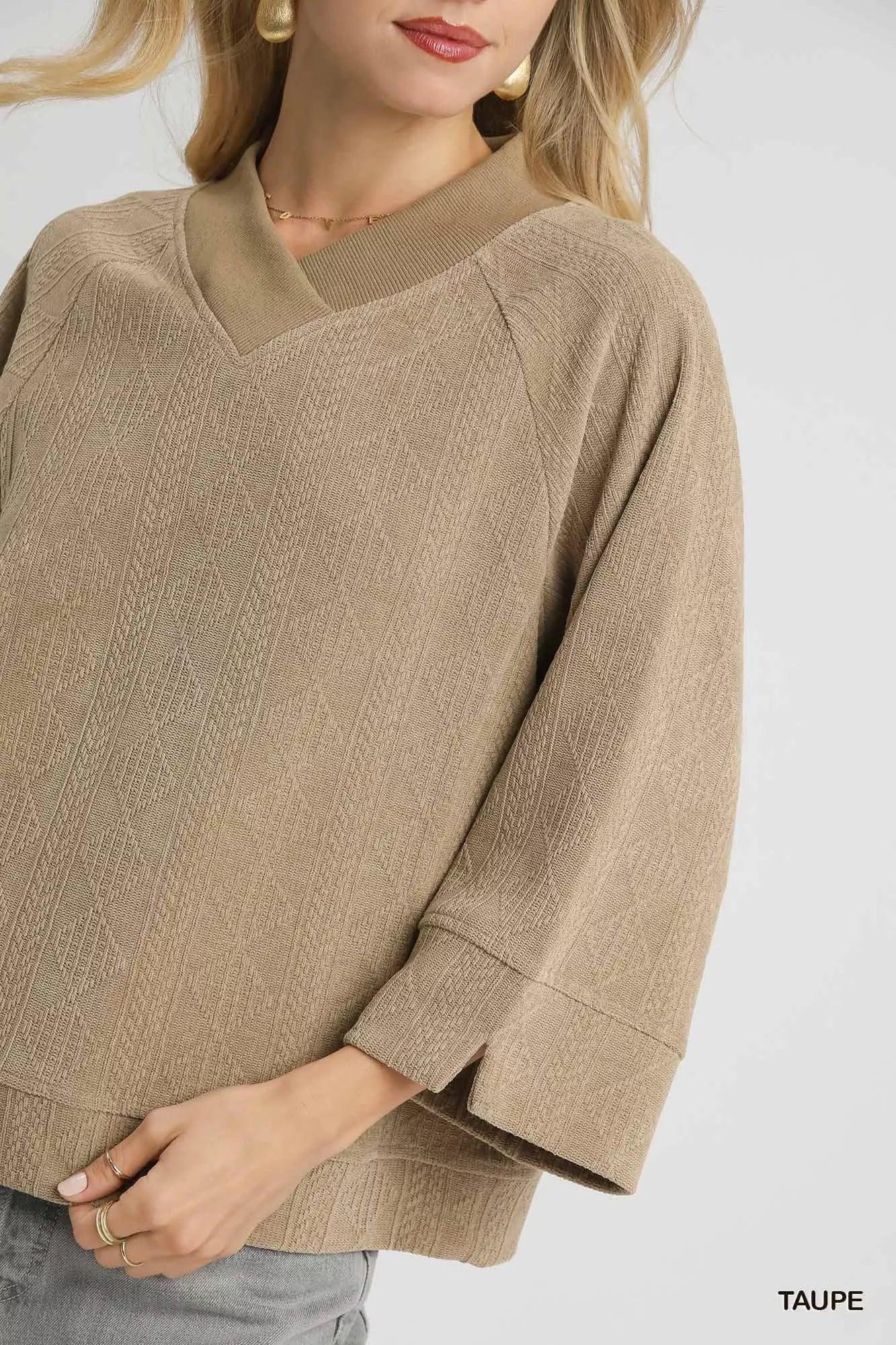 Umgee Textured Knit V-Neck Top Taupe - DAVERRI FASHIONS