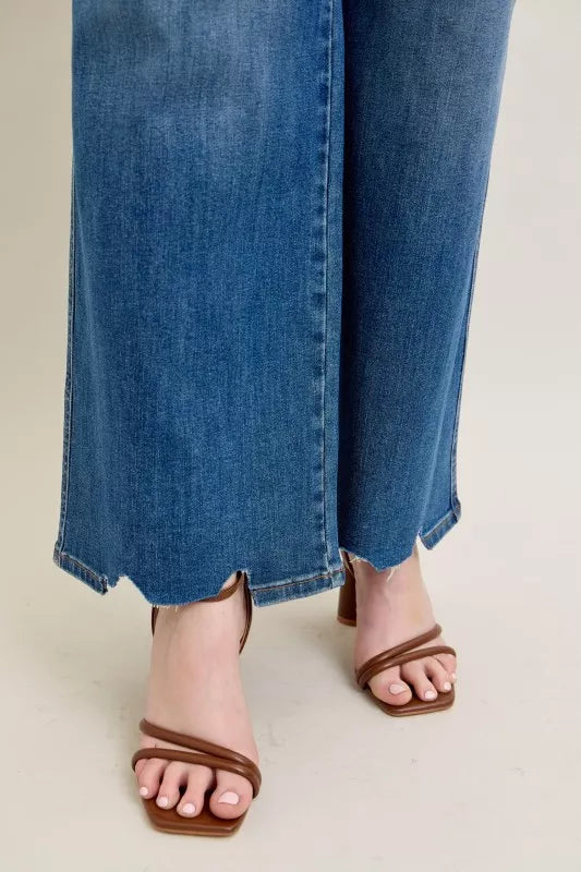 Judy Blue Full Size High Waist Tummy Control Chew Hem Destroy Wide Jeans Plus Size | Jeans Daverri Fashions
