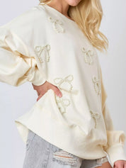Pearl Embellished Bow Long Sleeve Sweatshirt | Sweatshirts Daverri Fashions