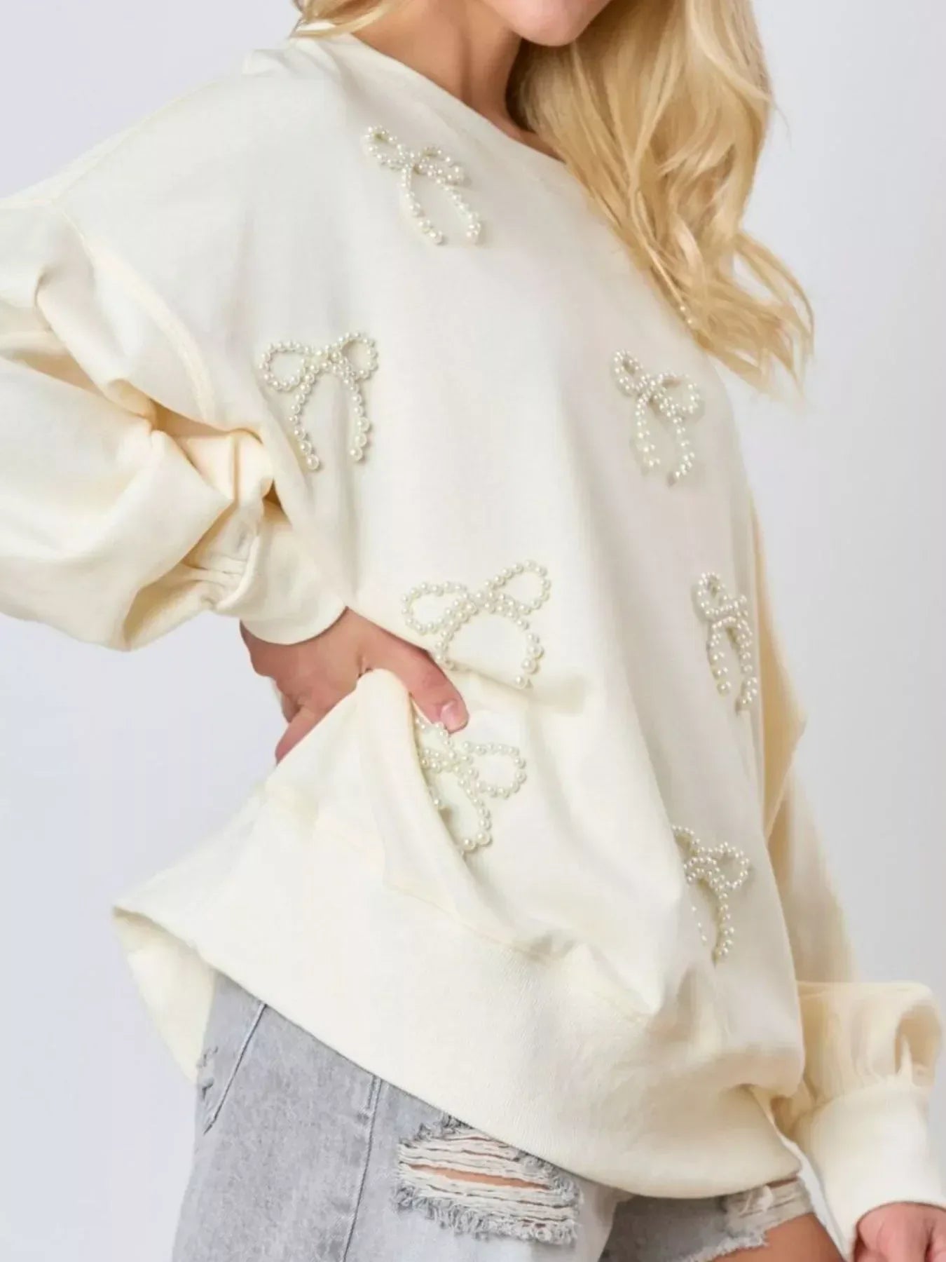 Pearl Embellished Bow Long Sleeve Sweatshirt - DAVERRI FASHIONS