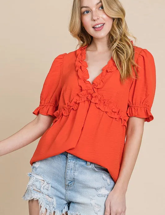 Lime 'N' Chili Solid Ruffled Deep V-Neck Puff Sleeve Babydoll Top | Tops Daverri Fashions