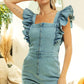 BiBi Zip Up Front Denim Romper With Ruffles Rompers