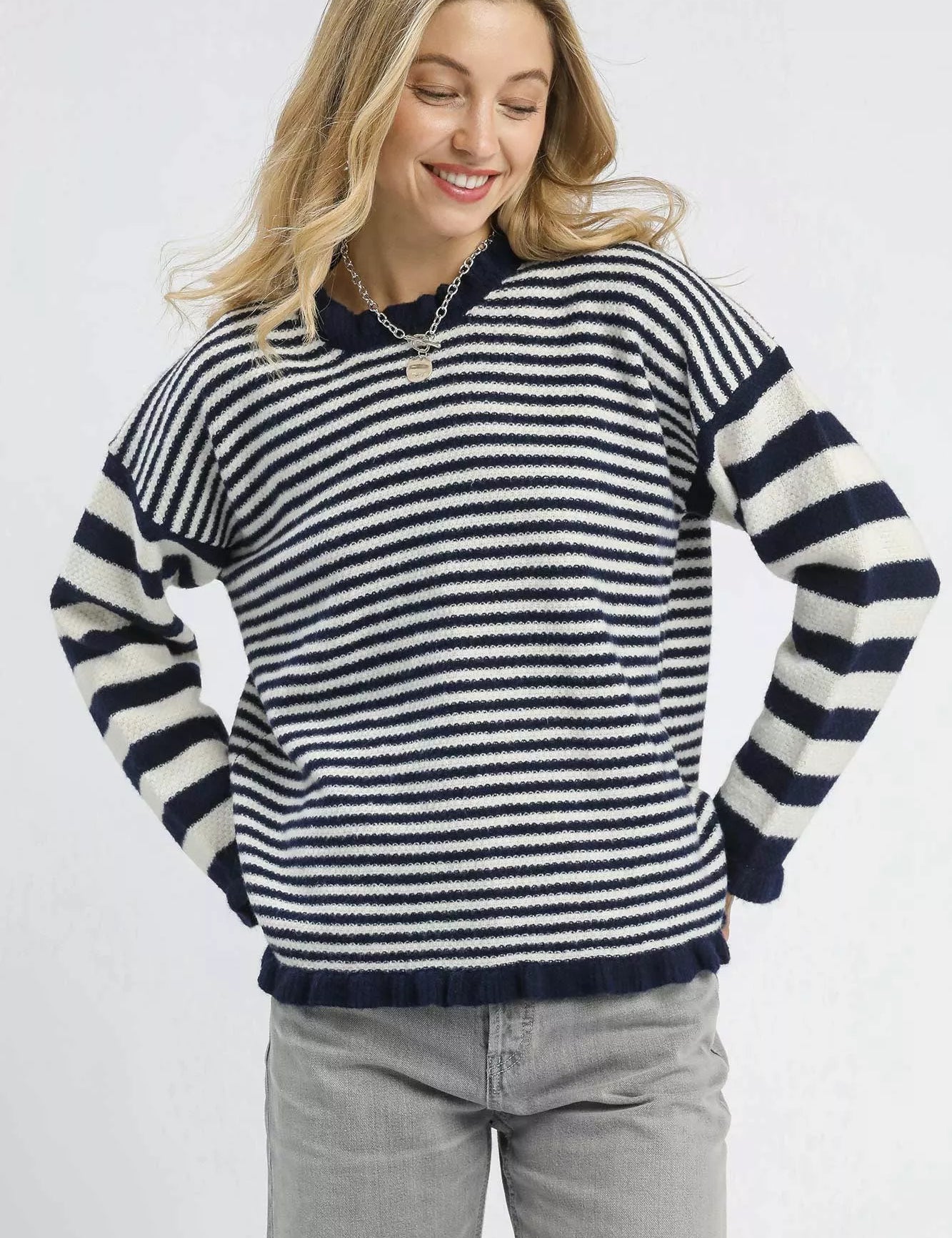 Navy Umgee Ruffle Neck Stripe Sweater | Sweaters Daverri Fashions