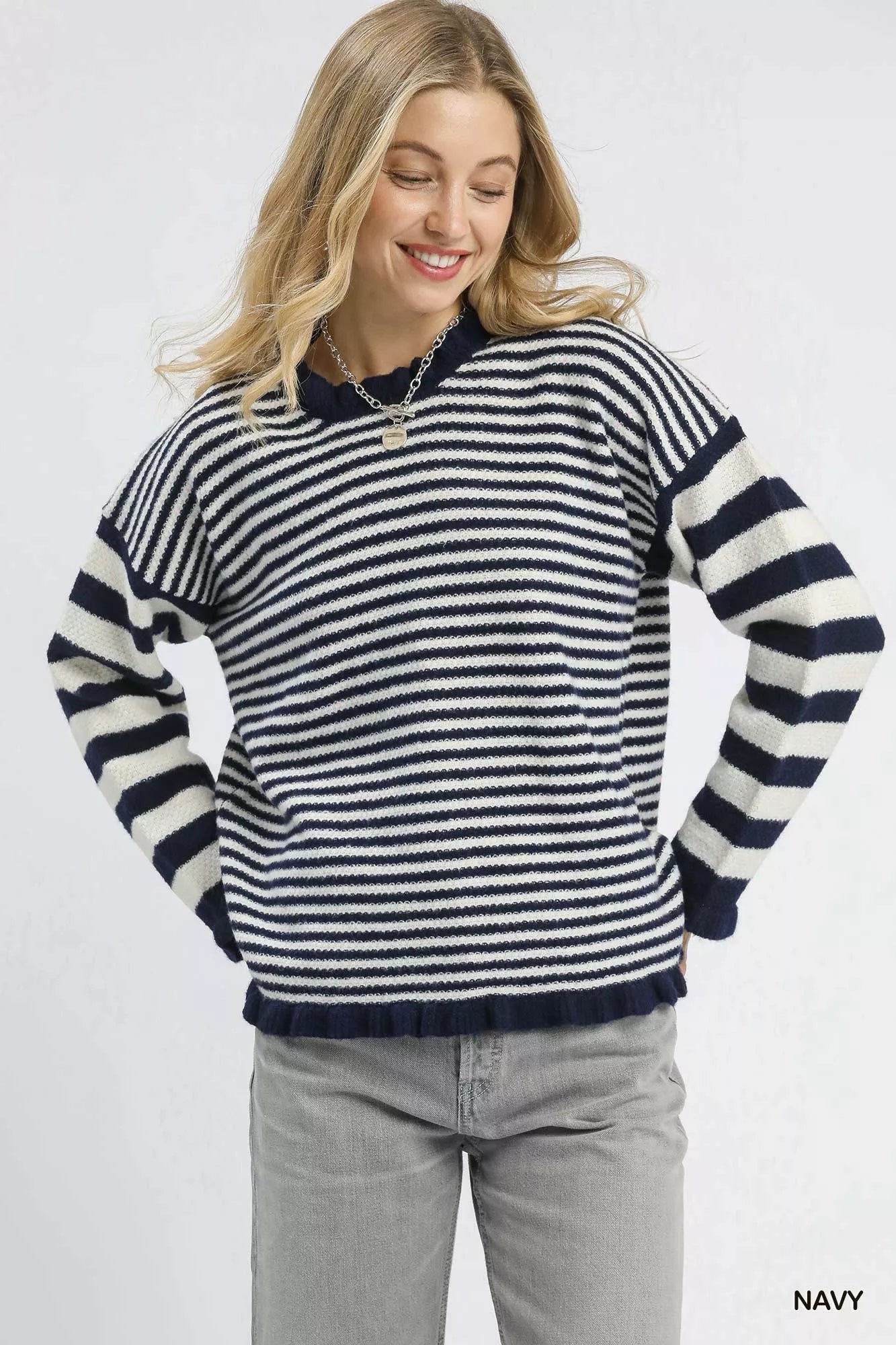 Navy Umgee Ruffle Neck Stripe Sweater | Sweaters Daverri Fashions