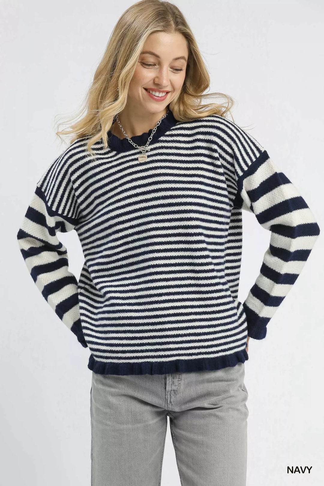 Navy Umgee Ruffle Neck Stripe Sweater | Sweaters Daverri Fashions