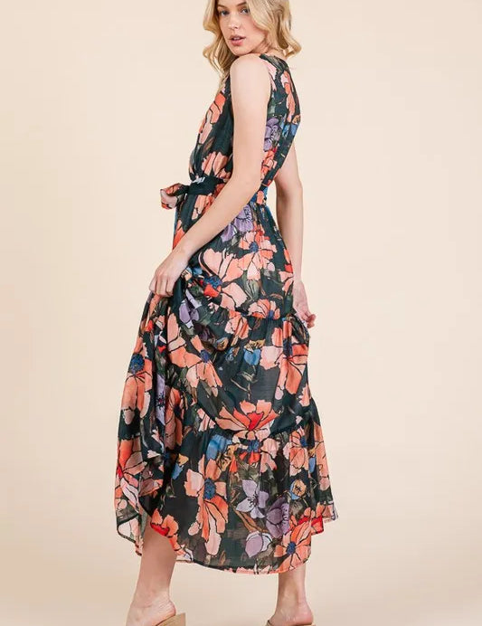 Lime 'N' Chili Floral Print Sleeveless Tie Waist Maxi Dress | Daverri Fashions