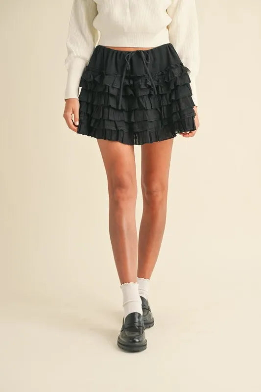 MABLE Ruffle Detailed Cotton Gauze Tiered Mini Skirt BLACK
