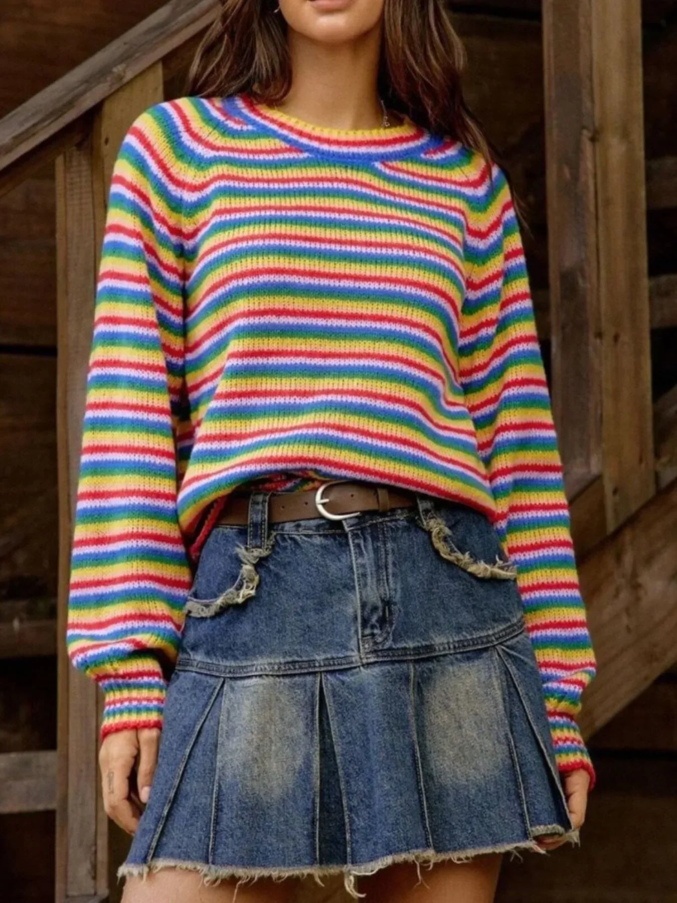 Rainbow Striped Pullover Sweater - DAVERRI FASHIONS