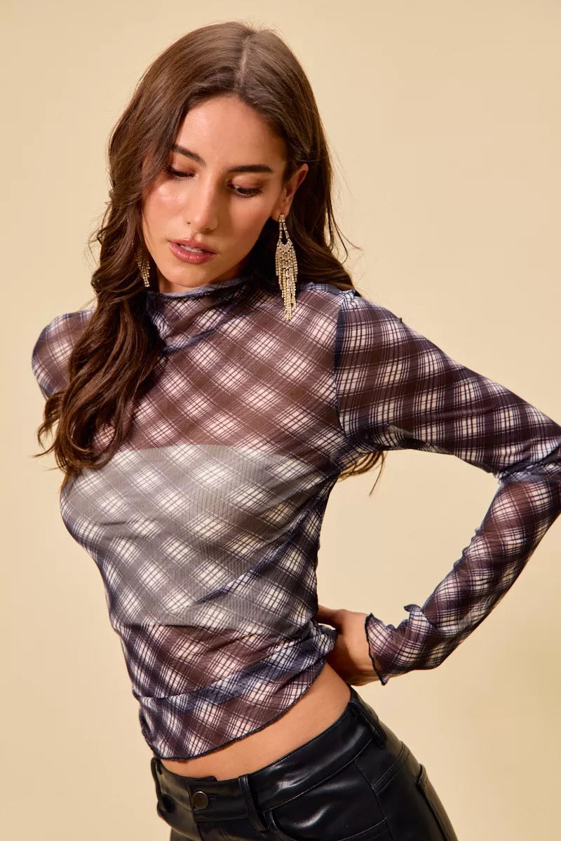 SO ME plaid mesh knit long sleeve top with thumb opening in gray-black pattern