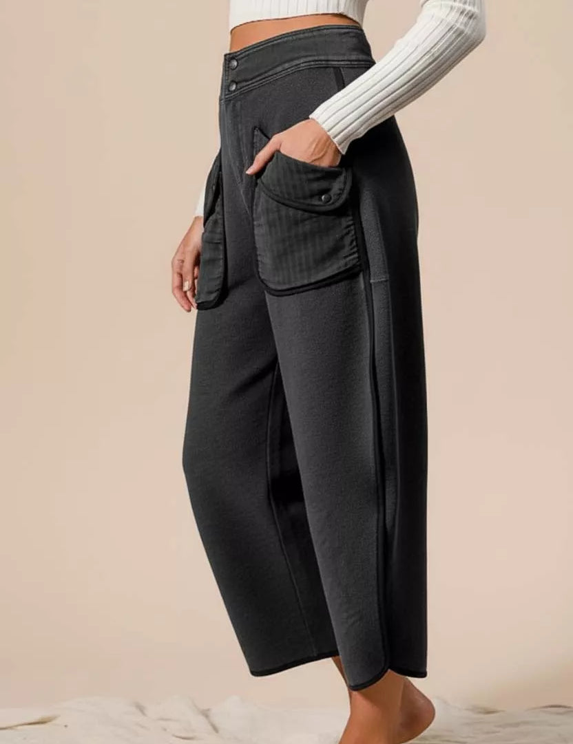 Charcoal gray high-waisted BiBi Washed Terry cargo pants with pockets