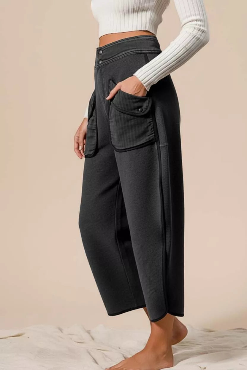Charcoal gray high-waisted BiBi Washed Terry cargo pants with pockets