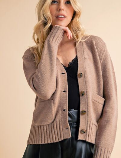 Aemi + Co Ribbed Hem Button Down V-Neck Cardigan Mocha Cardigans