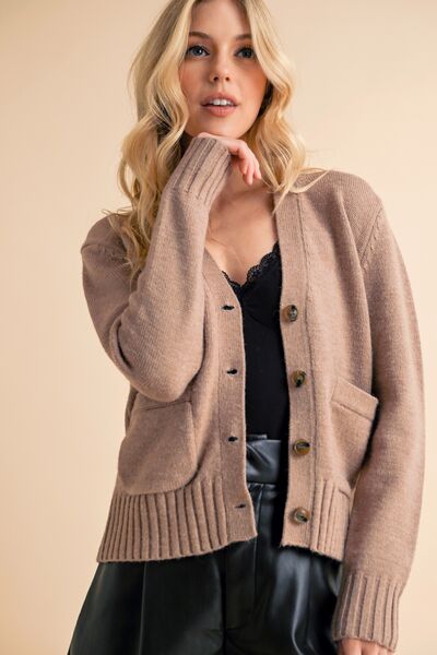 Aemi + Co Ribbed Hem Button Down V-Neck Cardigan Mocha Cardigans