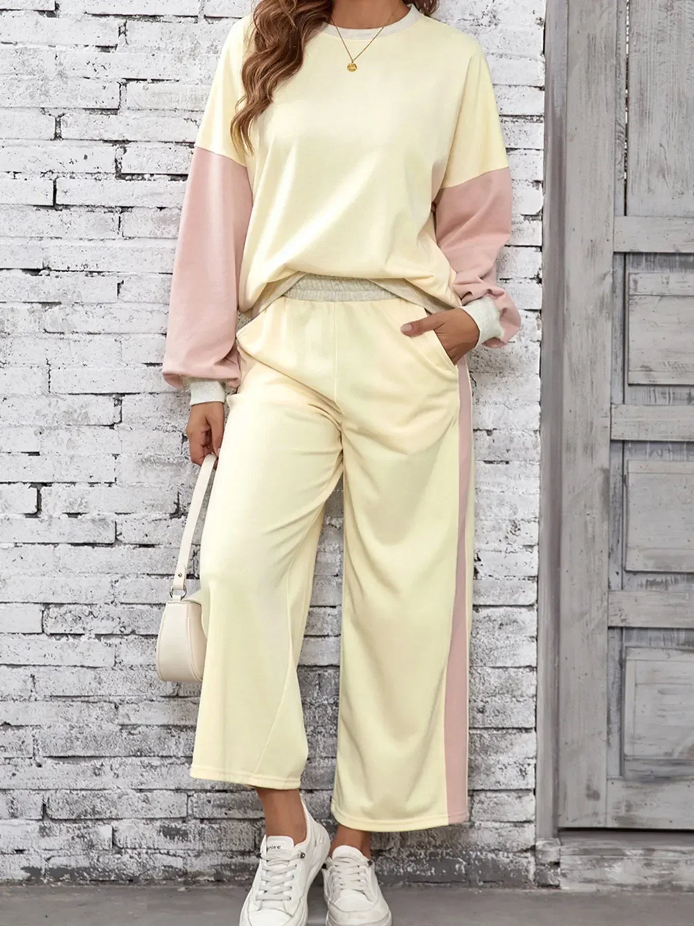 Color Block Round Neck Top and Pants Set - DAVERRI FASHIONS