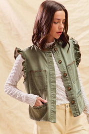 SO ME Washed Denim Stitch Ruffled Hidden Button Vest Top | Daverri Fashions