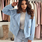 Daverri light blue suede double-breasted blazer with gold buttons