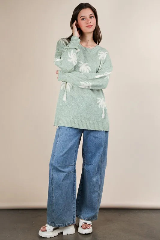 VERY J Palm Tree Graphic Oversized Knit Sweater Sweaters