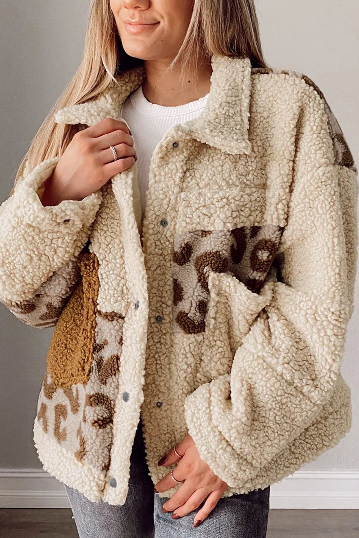 Pocketed Leopard Collared Neck Sherpa Jacket | Daverri Fashions