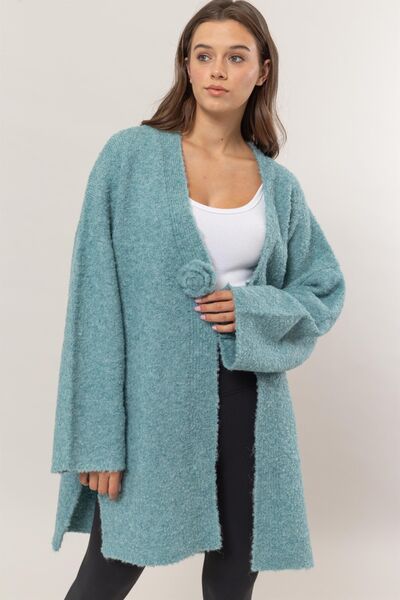 HYFVE Front Rosette Longline Slit Sweater Cardigan Ocean Blue Cardigans