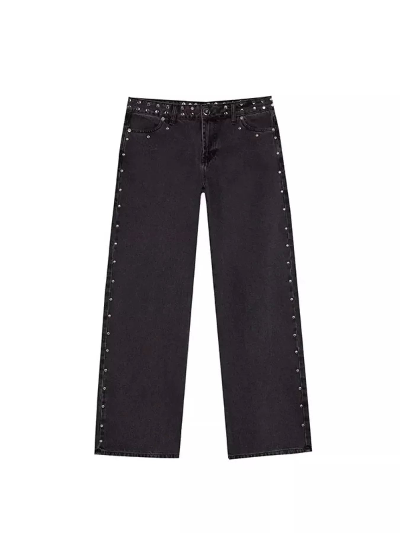 Black denim wide leg jeans with silver studs and leopard star patches