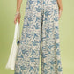 Umgee beige linen wide-leg pants with blue botanical print and raw frayed hems