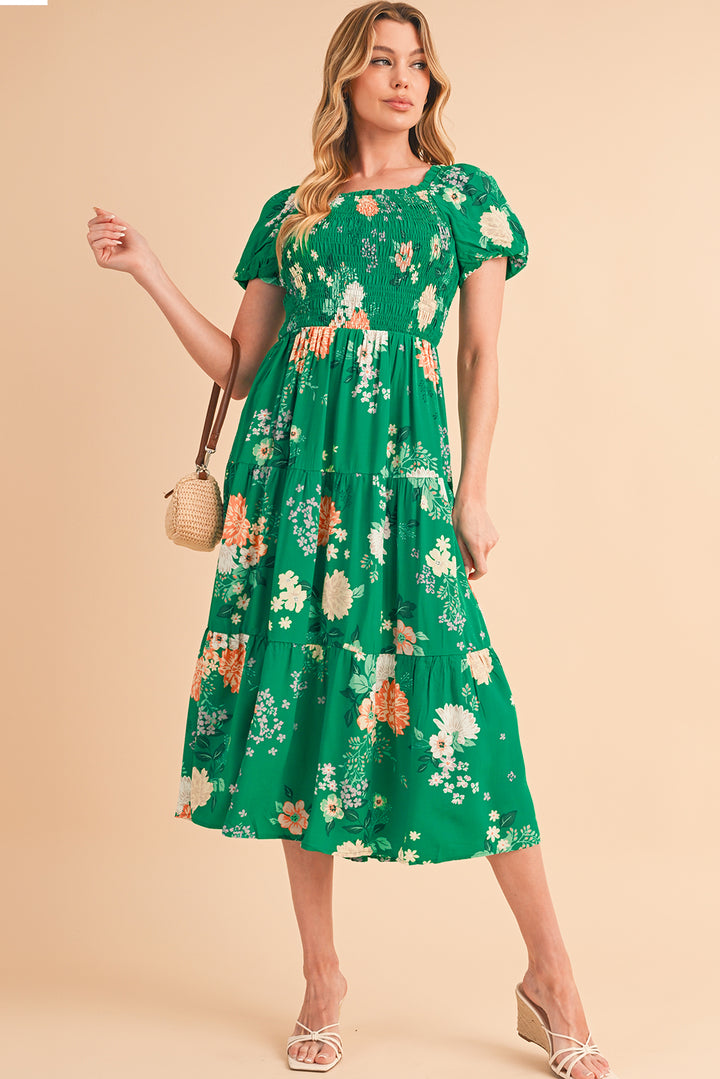 Green Floral Print Bubble Sleeve Smocked Tiered Midi Dress Midi Dresses