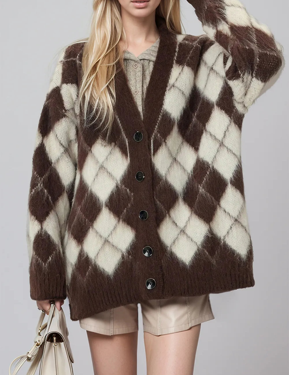 Chocolate One Size Plaid V-Neck Button Up Cardigan | Cardigans Daverri Fashions