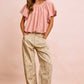 BiBi Stripes textured shirred neckline pink ruffled top