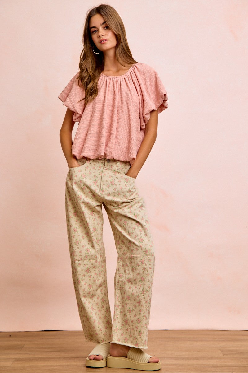 BiBi Stripes textured shirred neckline pink ruffled top