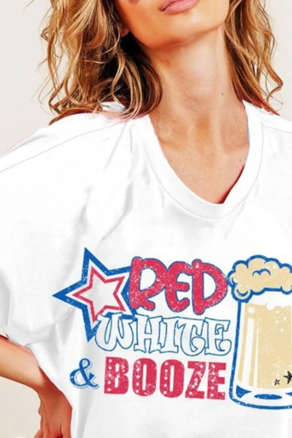BiBi Red White and Booze graphic jersey top, white cotton t-shirt with distressed red white blue star beer mug design