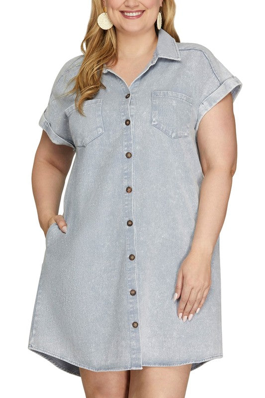 She + Sky Full Size Folded Cuff Button Down Washed Twill Shirt Dress Plus Size Mini Dresses