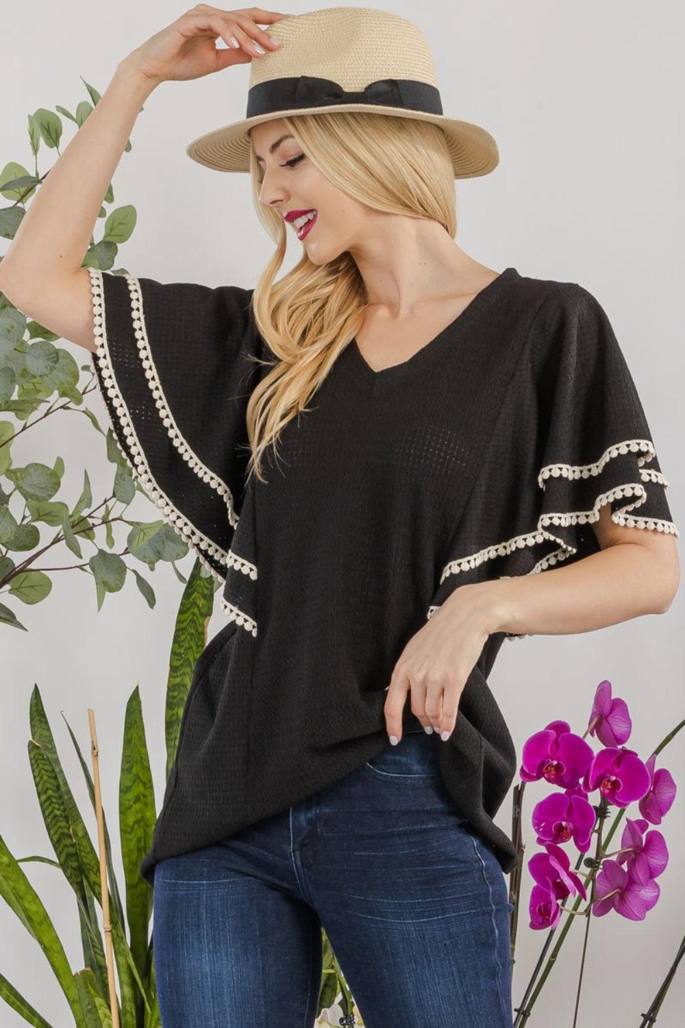 Celeste Full Size V-Neck Lace Trim Flutter Sleeve Top Shirts & Tops