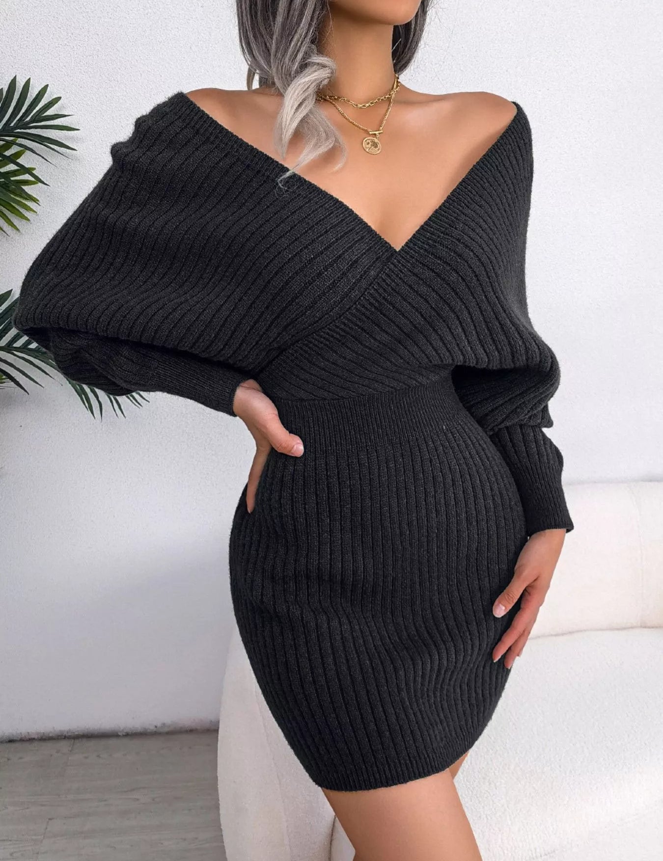 Black Surplice Long Sleeve Sweater Dress | Mini Dresses Daverri Fashions