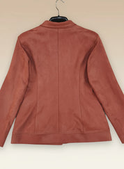 Rose pink leather jacket with zipper and stand-up collar