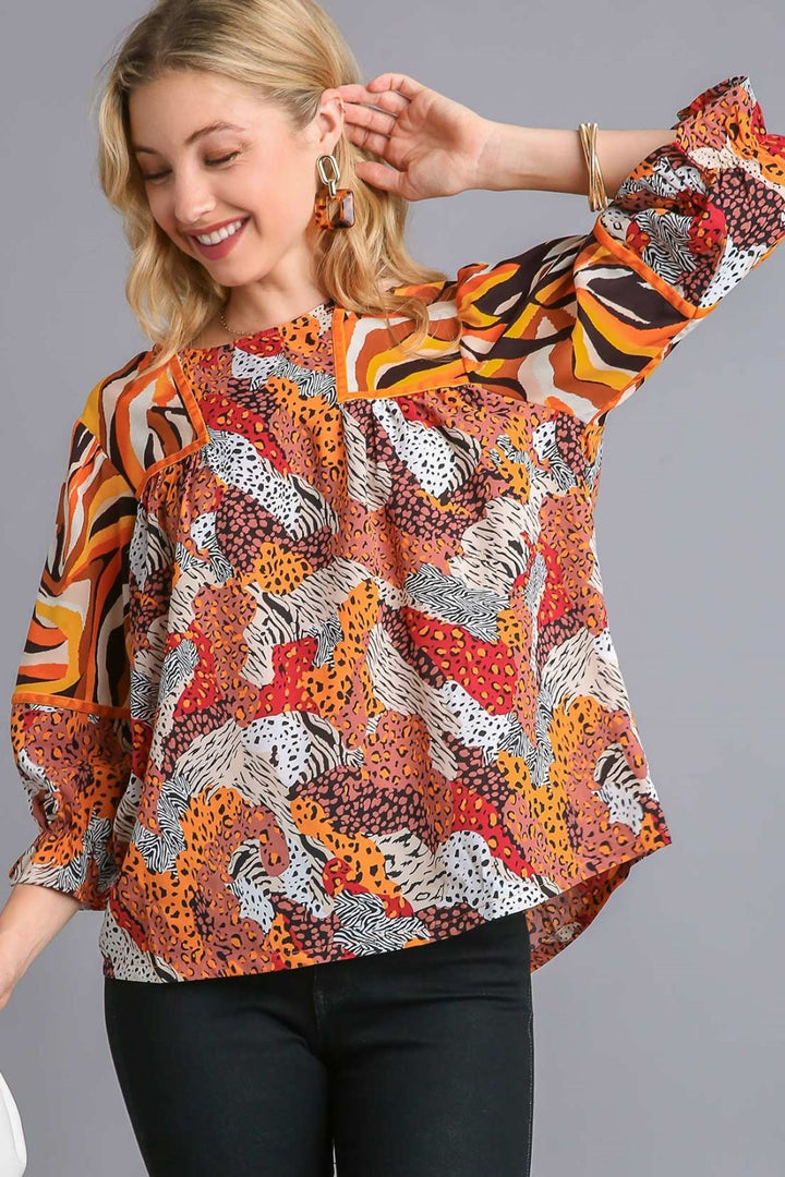 Umgee Full Size Mixed Print Round Neck Flounce Sleeve Blouse Plus Size BROWNMIX Blouses