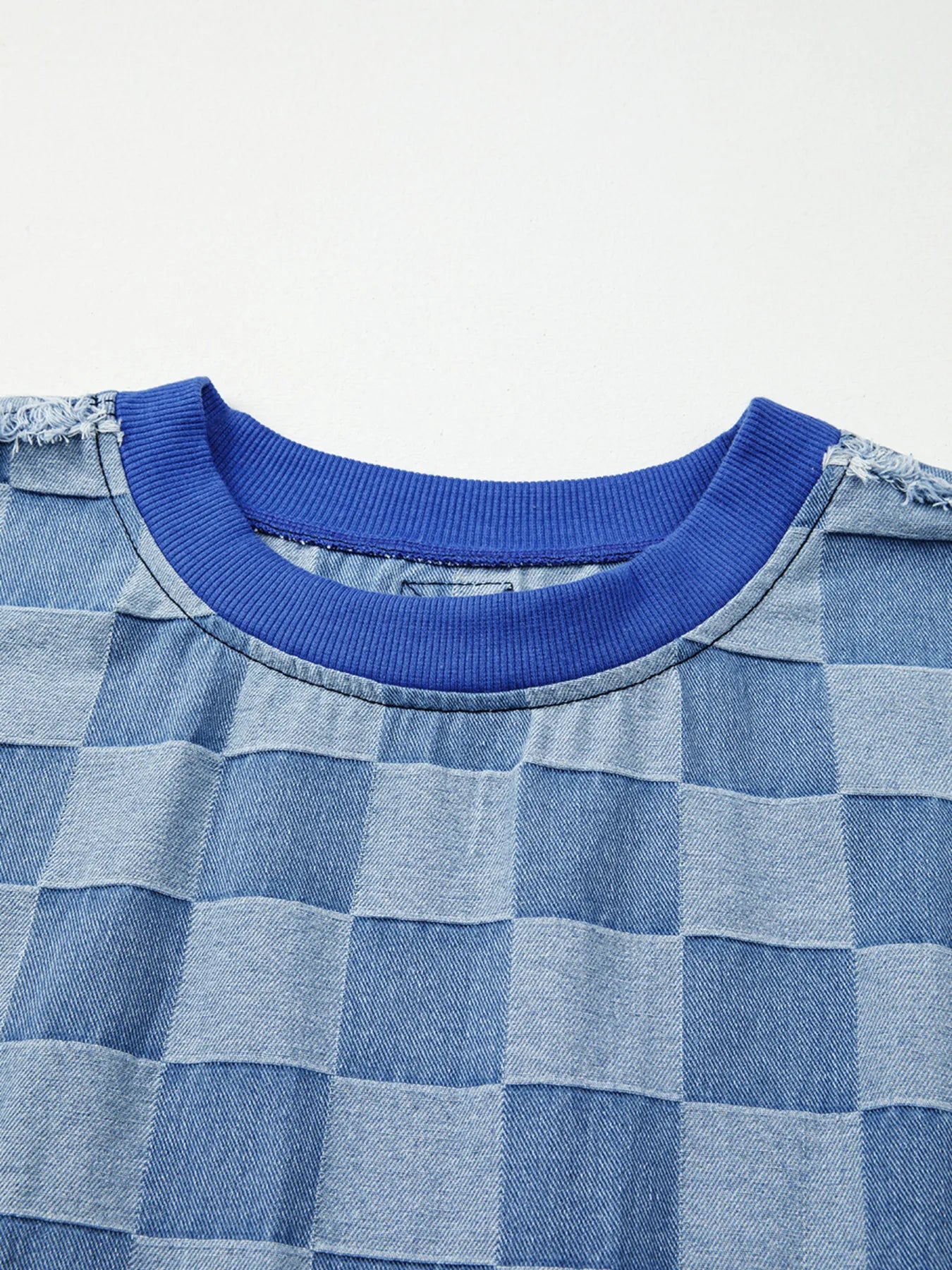 Checkerboard Splicing Raw Detail Oversized Denim Top | Tops Daverri Fashions