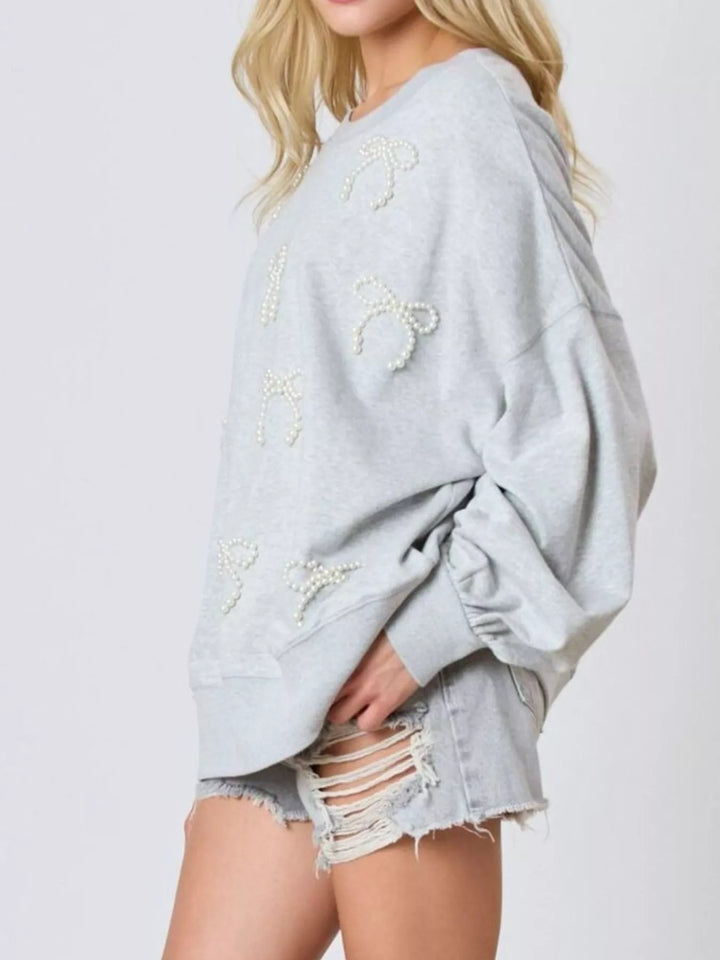 Pearl Embellished Bow Long Sleeve Sweatshirt | Sweatshirts Daverri Fashions