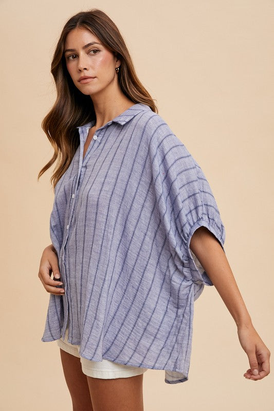 Annie Wear Striped Button Up Half Sleeve Shirt Tops