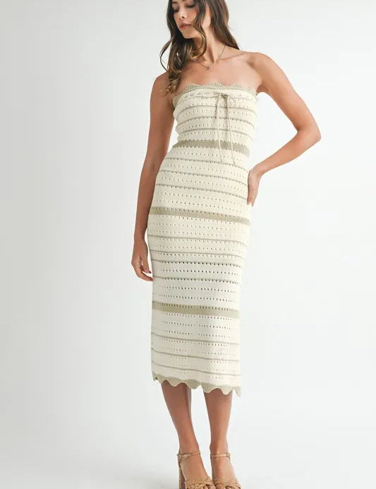 LT TAUPE MABLE Contrast Striped Crochet Knit Midi Dress | Daverri Fashions