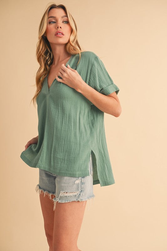 Aemi + Co Side Slit V-Neck Short Sleeve Blouse Blouses