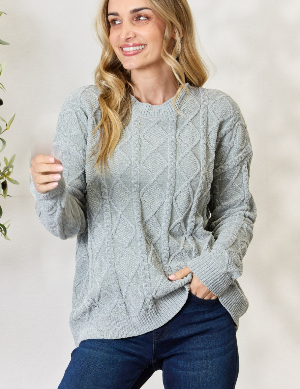 BiBi Cable Knit Round Neck Sweater Dust Sage S