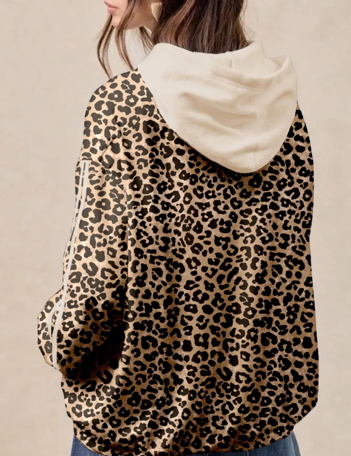 Leopard print long sleeve hoodie with white hood and pocket