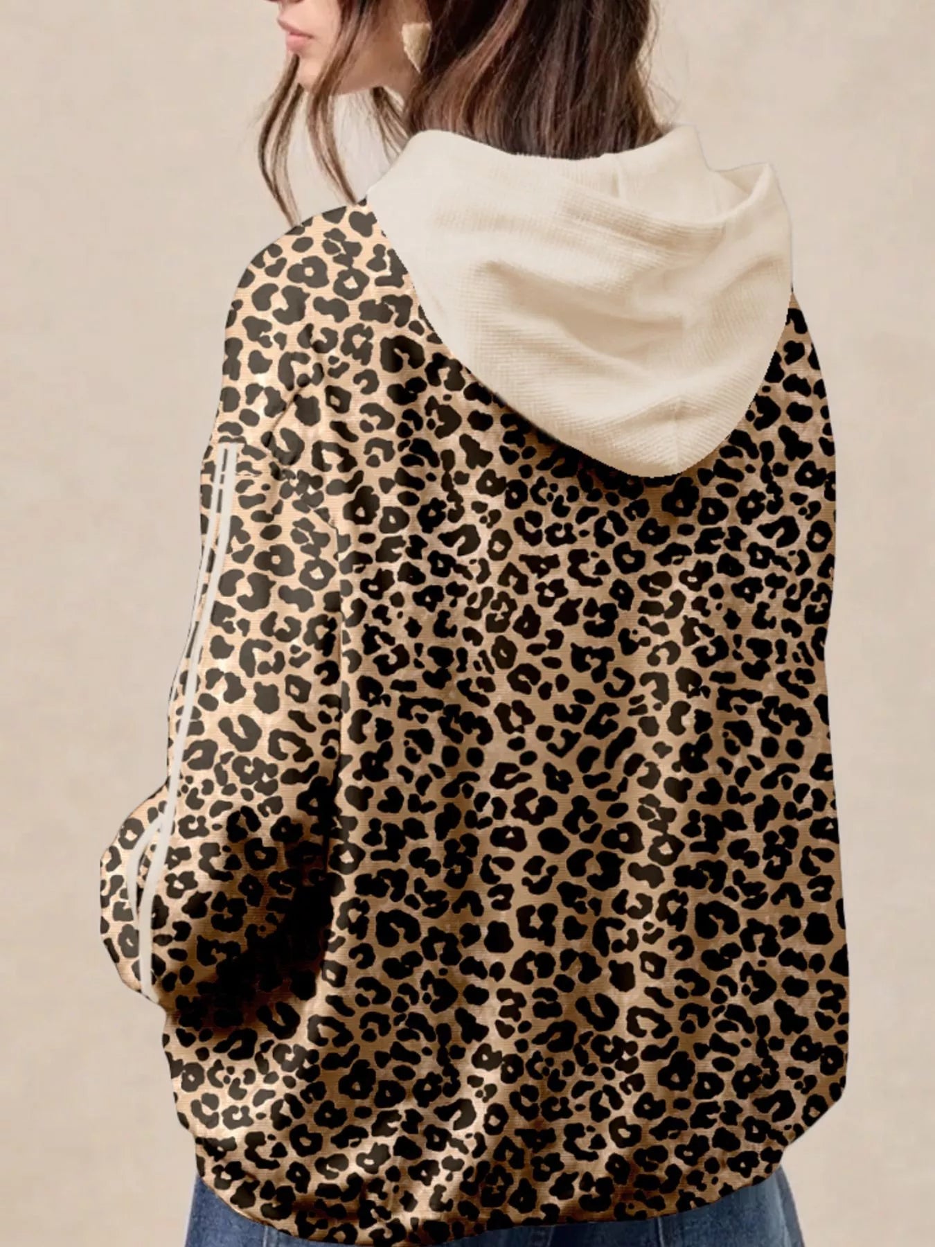 Leopard print long sleeve hoodie with white hood and pocket