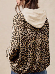 Leopard print long sleeve hoodie with white hood and pocket