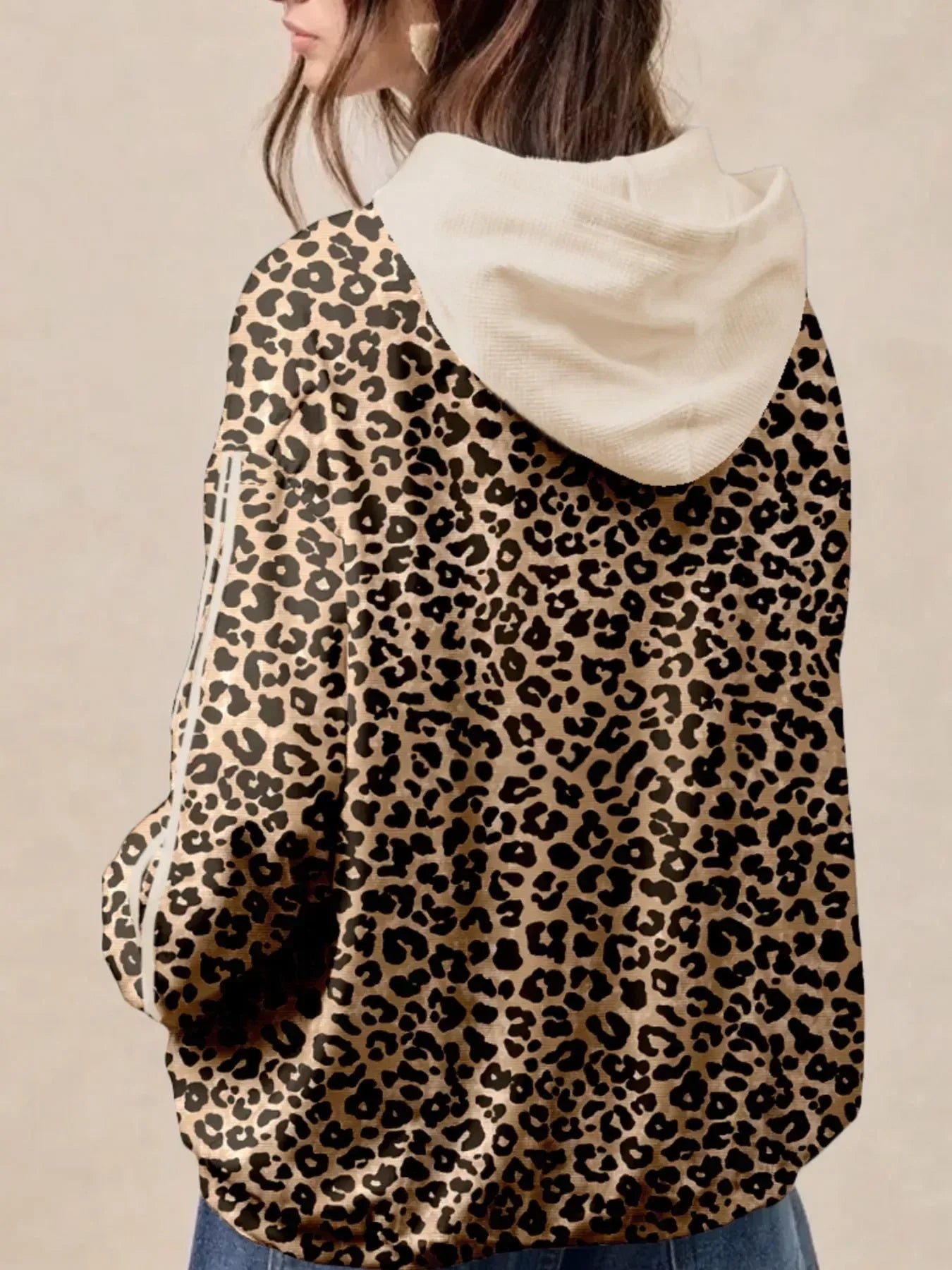 Leopard Print Long Sleeve Hoodie with Pocket - DAVERRI FASHIONS