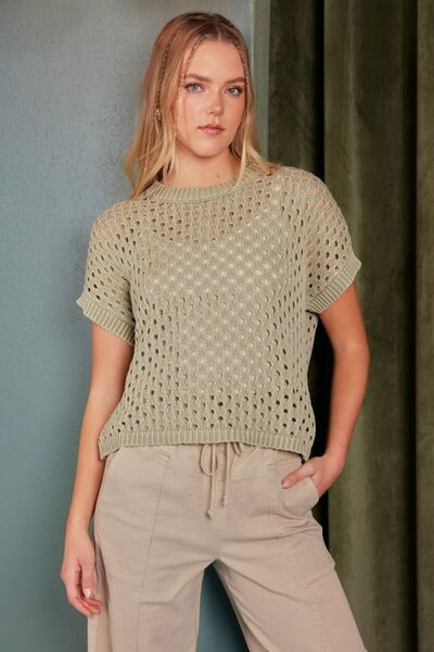 Mittoshop Mineral Wash Openwork Short Sleeve Knit Cover Up