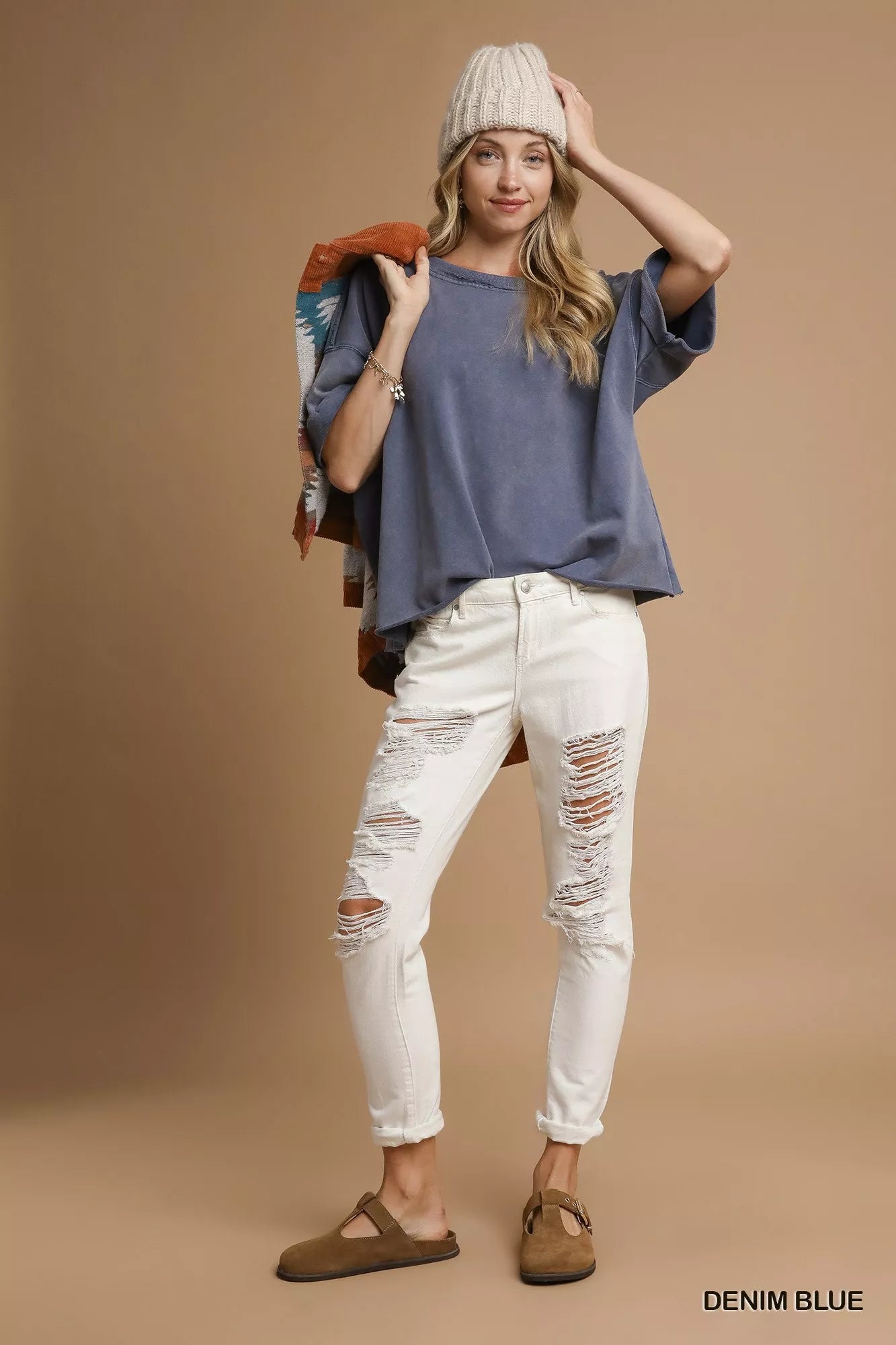 Umgee Mineral Wash Round Neck Top Blue | Tops Daverri Fashions