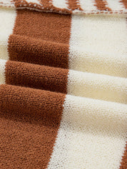 Brown and cream striped knit blanket sweater with textured pile