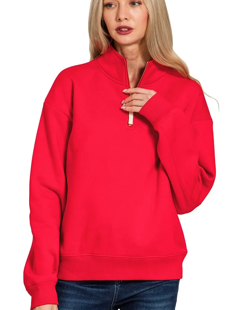 RUBY L Zenana Fleece Half Zip Sweatshirt Ruby | Sweatshirts Daverri Fashions